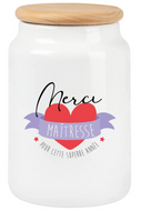 Boîte à biscuits en céramique blanche de 650ml avec couvercle en bois naturel, motif Merci Maîtresse pour cette superbe année avec un cœur rouge.
