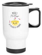 Laden Sie das Bild in den Galerie-Viewer, Mug thermos de voyage blanc avec poignée et couvercle noirs, portant l'illustration d'un petit pot de fleur souriant et l'inscription Merci Maîtresse de m'aider à grandir.
