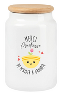 Boîte à biscuits en céramique blanche de 650ml avec couvercle en bois naturel, motif Merci Maîtresse pour cette superbe année avec un cœur rouge.